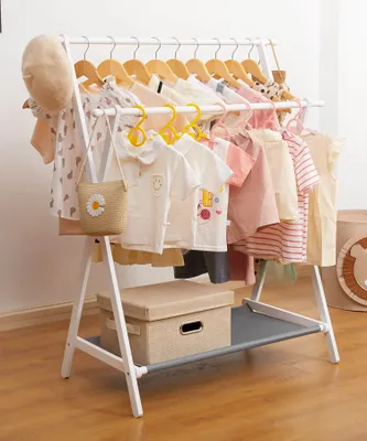 Produktbild von Yorbay Kinder Kleiderregal Doppelstangen Kleiderständer für Kinder aus Bambus tragbarer Garderobenständer mit unterem Oxford-Gewebe-Regal,Weiß + Grau
