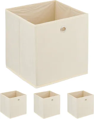Productafbeelding van Opbergmand - Set van 4 - Opberger met oogje - 30 x 30 x 30 cm - Stoffen mand - Kastmand - Vierkant - Crème