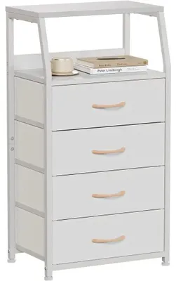 Image de Commode à 4 tiroirs - Table de chevet / table d'appoint - Étagère à deux niveaux - Tiroirs en tissu - Meuble de rangement - Blanc