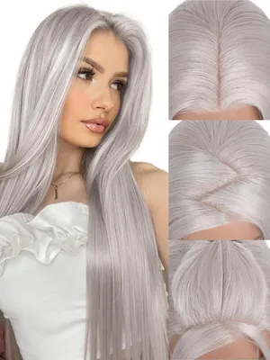 Produktbild von Perücke 65 cm, 13x4 Lace Front, synthetische Fasern, hitzebeständiges graues Haar, für Party