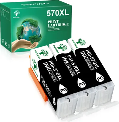 A box of printer cartridges and three individual printer cartridges are displayed against a white background.