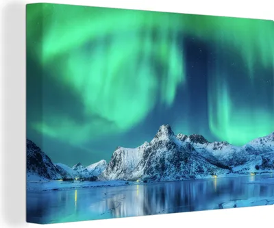 Produktbild von OneMillionCanvasses® - Leinwandbilder - 150x100 cm, Nordlichter - Berg - Schnee, Wandbilder Kunstdruck Wanddekoration - Foto auf Leinwand - Gemälde auf Holzrahmen