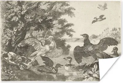 Produktbild von MuchoWow® Poster Wasservögel und ein Hund - Gemälde von Melchior d'Hondecoeter 120x80 cm - Bilder