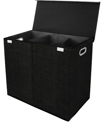 A black, three-compartment laundry hamper with a lid, shown from a slightly elevated front-left angle.