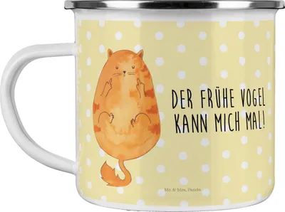 Produktbild von Mr. & Mrs. Panda Pott Katze Frühaufsteher - Gelb Pastell - Geschenk, Emaille Tasse, Kaffee, Becher, wandertasse, Kaffeepott, Verschlafen, Genervt, Katzen, Kater, Tiger
