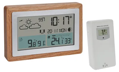Funk-Wetterstation OAK mit Außensensor, Holzrahmen, Temperatur, Wecker
