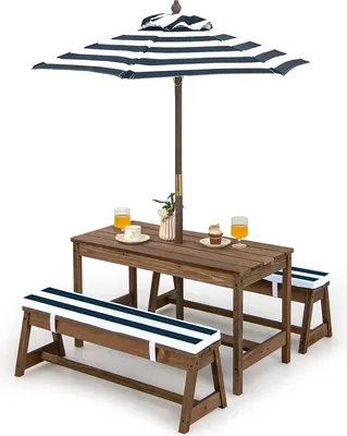 Produktbild von COSTWAY Kinder Picknicktisch mit Bänke, Kissen & Sonnenschirm, Kindersitzgruppe aus Holz, Gartenmöbel für Kleinkinder, Sitzgarnitur Sitzgruppe Kindermöbel-Set für Garten, Hinterhof, Terrasse (Blau)