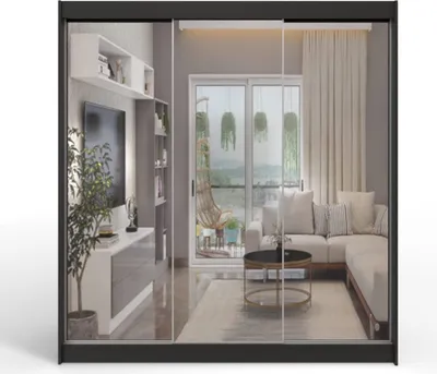 Produktbild von Easy Furniture D3 Schiebetüren Kleiderschrank 200 cm mit Spiegel - Schlafzimmermöbel, Aufbewahrung - Mehrzweckschrank - Farbe: Schwarz - 3 Schiebetüren - Kleiderschrank