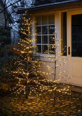 Two illuminated LED trees are placed outside a building at dusk.