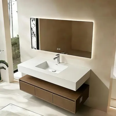 Immagine prodotto di Lavabo integrato in Vetroceramica sinterizzata, lavabo a parete con foro per il rubinetto, mobile bagno con cassetto e specchio LED 130*55 cm [YBTC383-130]