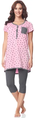 Produktbild von Be Mammy Damen Kurzarm Pyjama mit Stillfunktion BE20-177 (Rosa-Punkten-Grau, S)