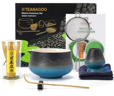 Productafbeelding van Matcha-set, 7-delig, met kom, borsteltje, lepel, zeef, houder, doek, met kleurverloop in marineblauw