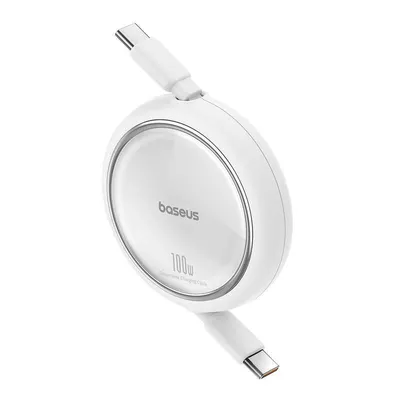 A white retractable USB-C to USB-C charging cable coiled into a circular housing.