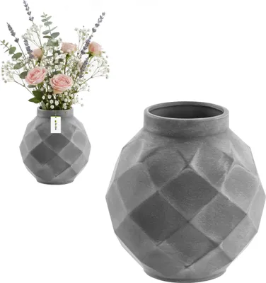 Image de Vase en céramique cuite à la main motif tridimensionnel moderne élégant Béton gris Ø11 H22 cm - décoration élégante, vase spacieux pour vos fleurs, inspiration florale, bouquets vivants