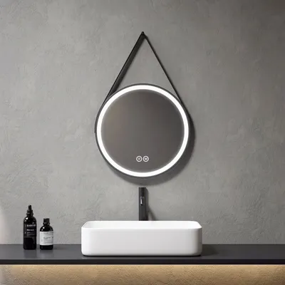 Produktbild von Heilmetz Runder Badezimmerspiegel 50cm Schwarzer Rund Gürtel hängend LED Badspiegel 3 Farben Beleuchteter Runder Spiegel (6500K-4000K-3000K)