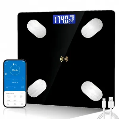 Produktbild von Körperfettwaage mit App LCD Digitale Aufladbar Personenwaage Smart Bluetooth Körperanalysewaage Waage BMI für iOS & Android, Schwarz