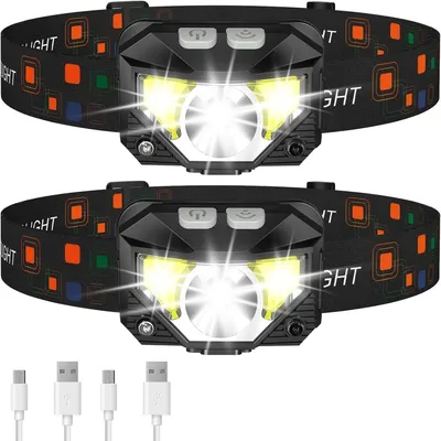 Produktbild von LED Stirnlampe Aufladbar 2er Pack, Superhelle Kopflampe mit Bewegungssensor, Rotlicht & 8 Modi, Wasserdicht für Camping Wandern Angeln