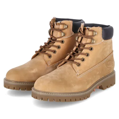 A pair of tan work boots with brown laces and black trim on a white background.