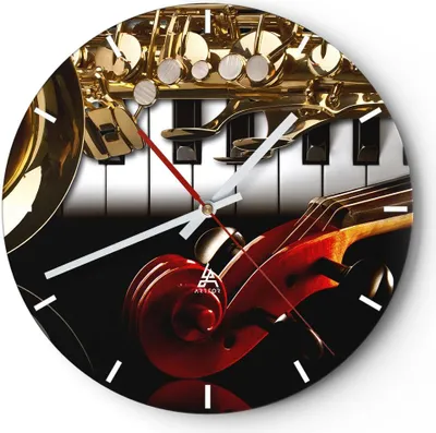 Produktbild von Wanduhr - Rund - Glasuhr - Klaviertasten Musik Instrumente - 30x30cm - Schleichendes Uhrwerk - Lautlos - zum Aufhängen bereit - Dekoration Modern - Wanddekoration aus Glas - C3AR30x30-2679