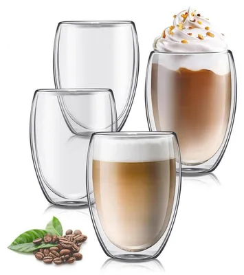 Obrázok produktu pre Sada štyroch dvojstenných pohárov na kávu, objem 350 ml, priehľadné, vhodné na kávu, čaj, latte macchiato