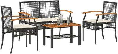 Image de Ensemble de salon de jardin 4 pièces. Mobilier de jardin avec coussins, comprenant un banc, une chaise, une table et un ensemble de sièges. Mobilier de jardin en résine tressée (rotin synthétique), de couleur noire
