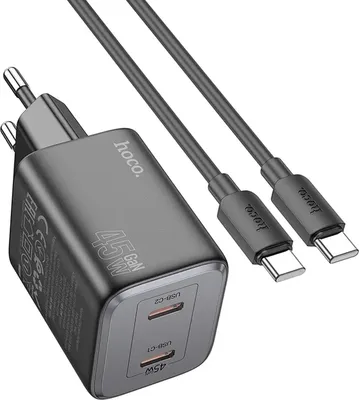 A black Hoco GaN 45W charger with two USB-C ports and two USB-C cables on a white background.