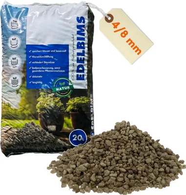 Produktbild von Edelbims 20 L 4/8 mm 100% Natürlicher Bimsstein Bims Granulat Bimskies Drainage Pflanzgranulat Hydrokultur Dachbegrünung Mulch Substrat