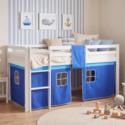 Produktbild von Homestyle4u Hochbett 90x200 Kinder mit Rutsche mit Lattenrost Vorhang Blau Junge Kinderbett Weiß Holz Massiv Jugendbett Spielbett mit Rausfallschutz