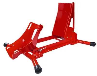 Immagine prodotto di Supporto per moto Zieger, per ruota anteriore da 17-21 pollici, colore rosso. Prodotto in Germania, portata da 90 a 120 mm