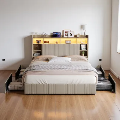 Zdjęcie produktu dla Łóżko tapicerowane ProximaX 140x200 cm z portami USB i gniazdkami, łóżko młodzieżowe typu double z 4 szufladami, łóżko z miejscem do przechowywania z litego drewna z oświetleniem LED/portem typu C i stelażem, kolor lniany, beżowy