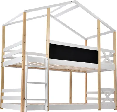 Produktbild von Merax Etagenbett 90 x 200cm mit Rutsche und Rausfallschutz, Leiter und Tafel, Kiefernholz Kinderbett Hochbett Hausbett für 2 Kinder