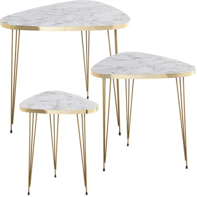 3er-Set Beistelltische Holz/Metall Gold-Weiß Marmor