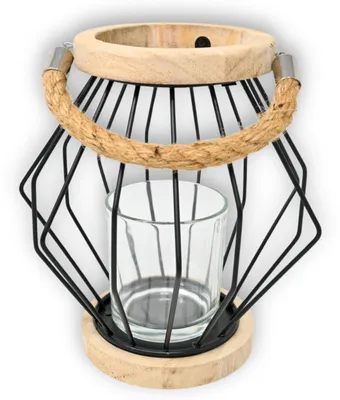 Produktbild von Dekorative Laterne aus Holz und Metall mit Glas Teelichthalter