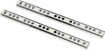 Two metal drawer slides shown diagonally against a white background.