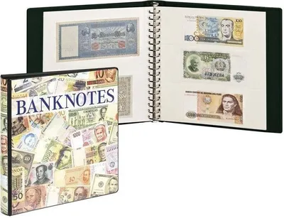 Produktbild von Banknotenalbum mit 10 Klarsichthüllen in 2 Ausführungen und weißen Zwischenblättern, inkl. Kassette 814