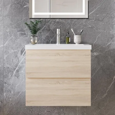 Produktbild von 60 cm Badmöbel-Set Unterschrank mit Mineralguss waschtisch 2 Schubladen soft-close Eiche Matt Selbstmontierter