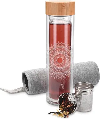Obrázok produktu pre Sklenená fľaša na čaj s filtrom 500 ml dvojstenná fľaša na pitie - Sklenená fľaša na vodu s bambusovým viečkom - Obal na čajový nálev - Indian Sun