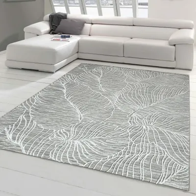 Immagine prodotto di Tappeto moderno riciclato - piacevolmente morbido - disegno di foglie in grigio Dimensioni - 120 x 170 cm