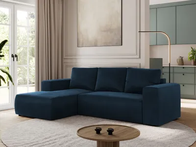 Produktbild von MKS MEBLE Sofa mit Schlaffunktion - Ecksofa mit Schlaffunktion und Bettkasten - Sofa 3 Sitzer - Schlafsofa - Couch - Schlafsofa mit Bettkasten - Trentino L - Dunkelblau Velvet - Links