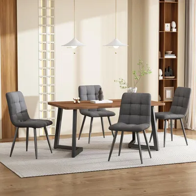 Immagine prodotto di Set da pranzo 5 pezzi: tavolo da pranzo con 4 sedie, realizzato in MDF impiallacciato noce, gambe in metallo nero e sedie rivestite in lino color grigio scuro