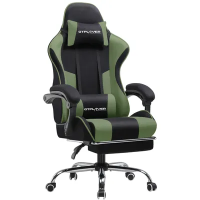 A gaming chair with a footrest, shown from the front.