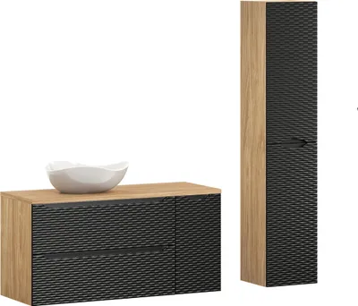 Zdjęcie produktu dla Zestaw Łazienkowy 120 Cm Czarny Mat Dąb + Słupek I Umywalka
