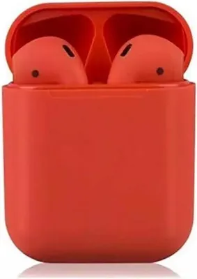 A pair of red wireless earbuds in their charging case.