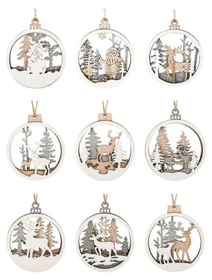 Productafbeelding van Houten hangers - Met eland-, kerstman- en sneeuwpopmotieven - Kerstversiering voor de kerstboom - 9 stuks