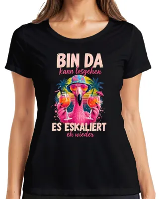 Immagine prodotto di Ecco dove possiamo iniziare. Sta già ricominciando. T-shirt da donna a tema "Flamingo Party", colore nero, taglia M