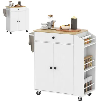 Produktbild von HOMCOM Küchenwagen mit Schublade, Schrank, Gewürzregal, 4 Rollen, Weiß/Eiche