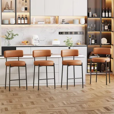Immagine prodotto di Set di 4 sgabelli da bar, altezza seduta 63,5 cm, rivestiti in ecopelle marrone, con schienale