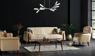 Produktbild von Sofagarnitur 3+3+1 Sitzer Wohnzimmer Set Komplett Textil Sofa Sessel Holz Beige