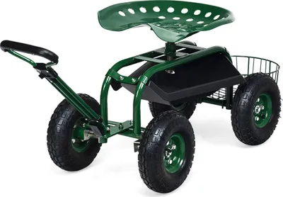 Produktbild von COSTWAY Mobilny fotel z regulacją wysokości, wózek ogrodowy z kółkami, wysuwanym uchwytem i koszem, fotel ogrodowy obracany do 150 kg 96,5x48,5x45,5-54,5 cm