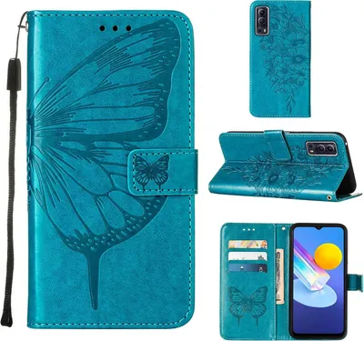 Produktbild von VIVO Y72 5G Hülle, Schmetterling Prägung Flip Leder Kartenfächer Schutzhülle Ledertasche mit Ständer für VIVO Y72 5G / Y52 5G Blau